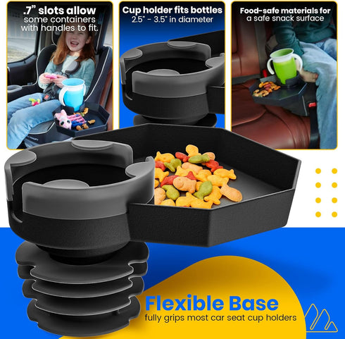 Kids Travel Tray Large Base - Car Seat and Car Cup Holder Tray - Tray for Snacks, Entertainment, Toys Includes Cup