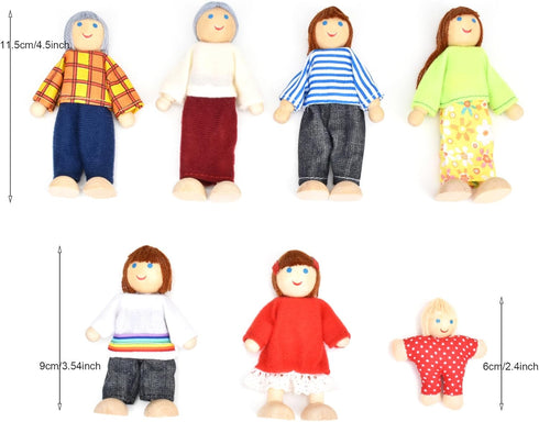 Wooden Doll House People of 7 Miniature Figures and 2 Pets, Dollhouse Dolls Family Set Accessories for Girls Toddler Kids Pretend Play and Imaginative Fun
