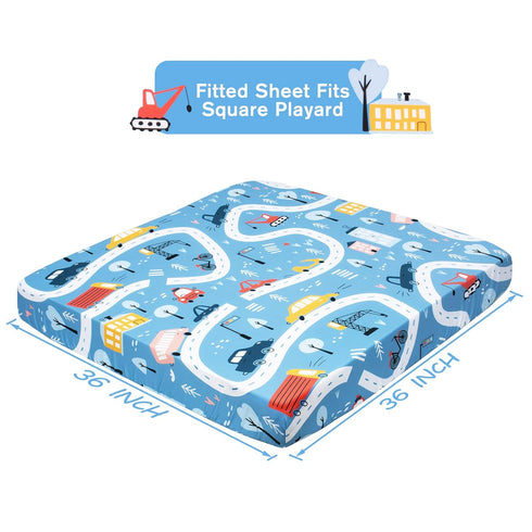 Cloele Fitted Sheets for Square Playard/Playpen - Ultra Soft Polyester Blue Car Sheets for 36 X 36 Mattresses