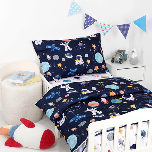 4 Set, Sets Piece Toddler Bedding Ultra Soft and Breathable Cartoon Space Toddler Comforter for Boys Includes Quilted