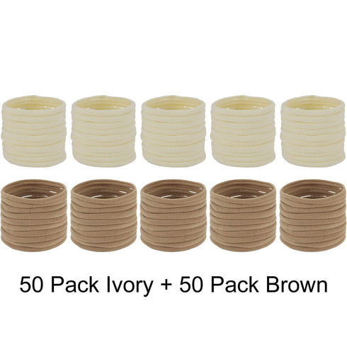100 Pack Bulk Super Soft Stretchy Elastic Nude Skin Color Nylon Headbands, Khaki Brown Ivory Skinny Slim Hair Ties