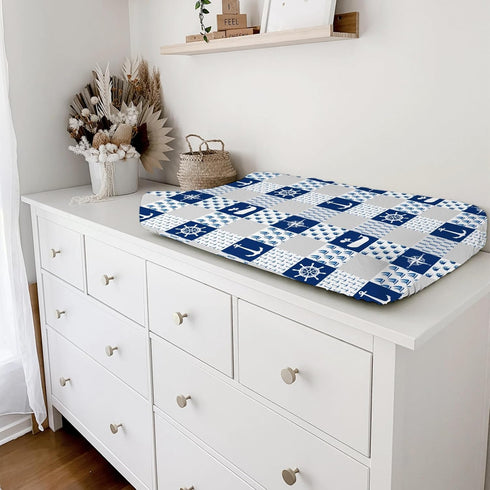 Navy Nautical Life Changing Pad Cover, Marine Ocean Lighthouse Compass Whale, 32''x16'' Soft Stretchy Fitted