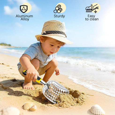 Sand,Summer Beach Shovel,Sand Toy, Metal Sand Shovels for Shell Collecting, Shark Tooth Sifter Toys for Beach (yellow)