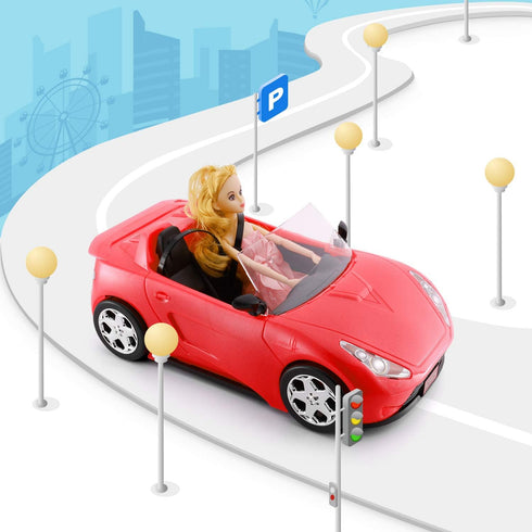 KeepRunning Convertible Car for Dolls, Glittering Deep Red Convertible Doll Vehicle with Working Seat Belts Ideal Gift