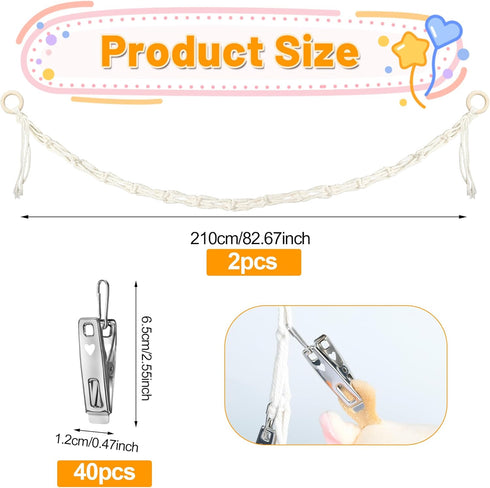 2pcs Stuffed Animal Storage Chain - Boho Stuffed Animal Hammock with 40pcs Metal Clips, Hanging Storage for Kids