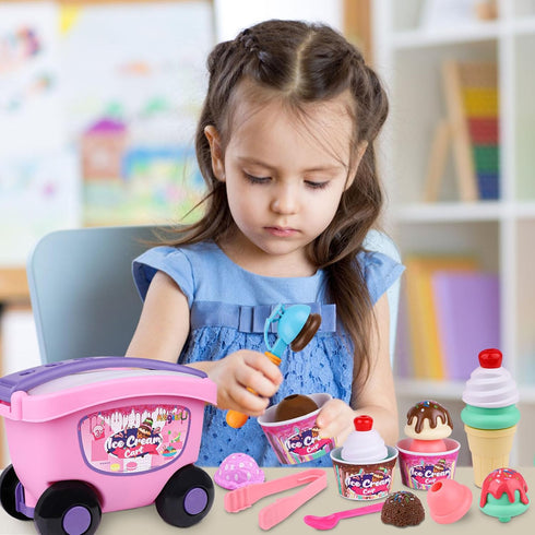 Magic4U 48 Set 3 4 5 6 Ice Cream Cart Toys for Kids, Piece Ice Cream Shop Pretend Play with Scooper, Toppings and Other