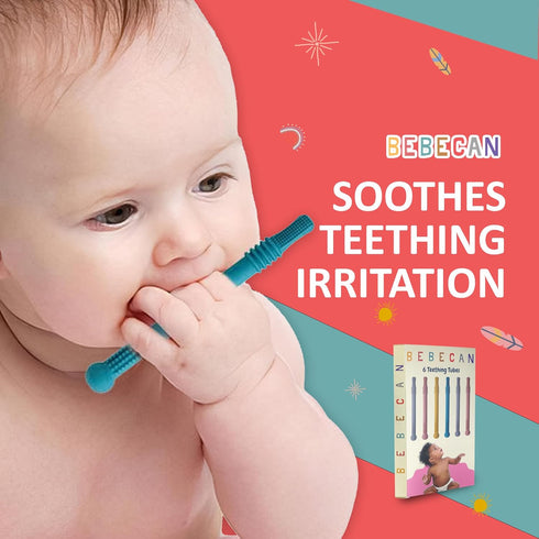 36+ 6-Pack Bebecan Teething Sticks for Babies Months Super Soft Silicone Teething Aids, Infant Oral Soothing Relief