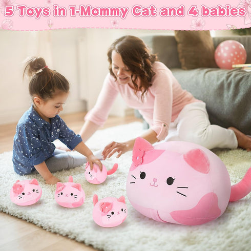 5 Family-19" Mommy 4 PCS Pink Sakura Cat Plush Stuffed Animal Soft Pink Sakura Cat Plush, Large Plushies with Baby