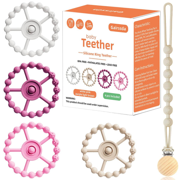 5 Pack Stylish Silicone Baby Teething Toys: 4 Teething Rings and Extra