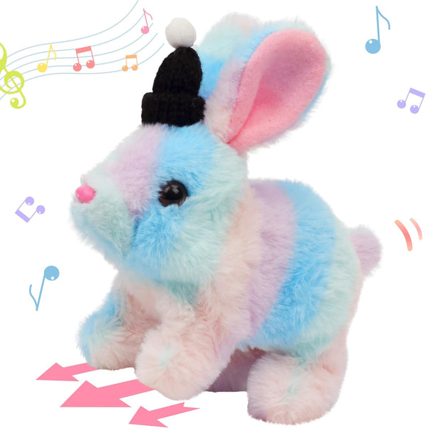 Hopearl Interactive Electronic Pet Plush Bunny - Hopping Rabbit with Hat, Sounds, Movements for Toddlers, Rainbow, 7''
