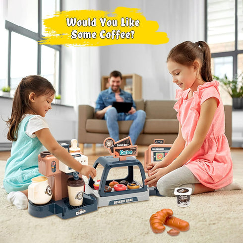 Jomifin Playset 41 Pretend Play Coffee Shop PCS with Coffee Maker Machine, Sound Cash Register and Dessert Bakery