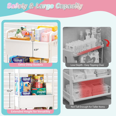 3 SUNALLY Baby Diaper Caddy Cart, Tier Rolling Diaper Cart with Lockable Wheels for Nursery Essentials, Large Capacity