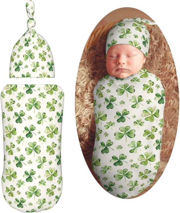 Watercolor Shamrock Newborn Swaddle Blankets Hat Sets Soft Baby Receiving Blanket Swaddle