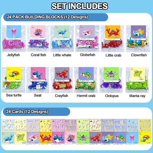 BAOXUE 24 Packs Set, Valentines Day Cards for Kids School, Animal Building Block Valentines Day Gifts for Kids