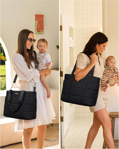 15.6inch LOVEVOOK Diaper Bag Tote, Puffer Baby Diaper Bag Waterproof Travel Diaper Tote with Changing Pad Pacifier Case