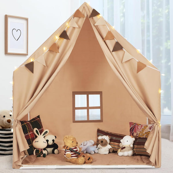 Kids Play Tent with Padded Mat & Star LED Lights, Large Indoor Play Room House Tent for Ages 4-10
