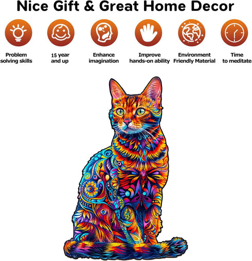 Wooden Puzzle for Adults, Cat Wooden Jigsaw Puzzles, Unique Animal Shape Wood Cut Puzzles for Family