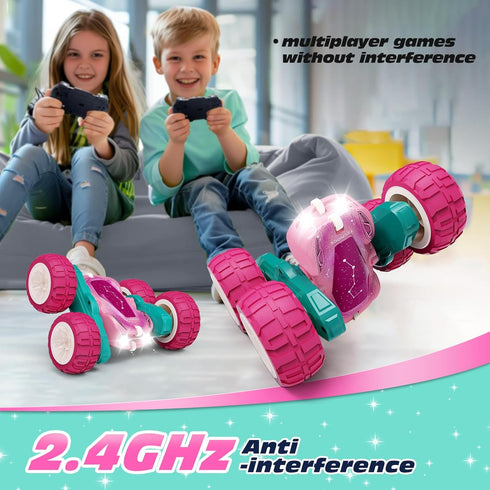 2.4GHz 4WD 360 6-8, 8-12 Tecnock Pink Remote Control Car for Girls and Boys, RC Cars with USB-C Easy Charging, Double