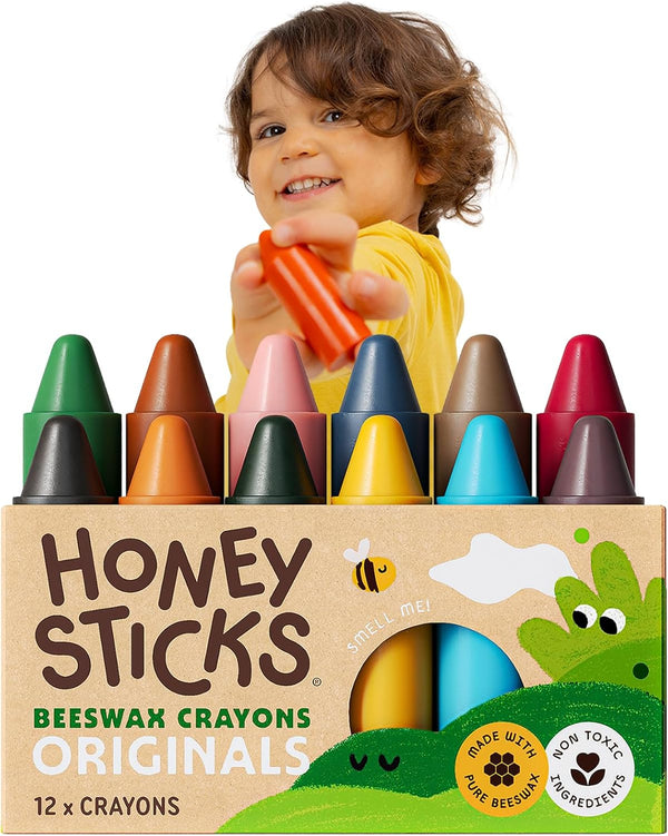 Honeysticks 100% Pure Beeswax Crayons (12 Pack) - Non Toxic Crayons for