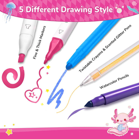 DreamyCandy 70PCS Set 4-6-8,Drawing Axolotl Washable Markers with Glitter Pencil Case,Art Supplies for Kids Ages