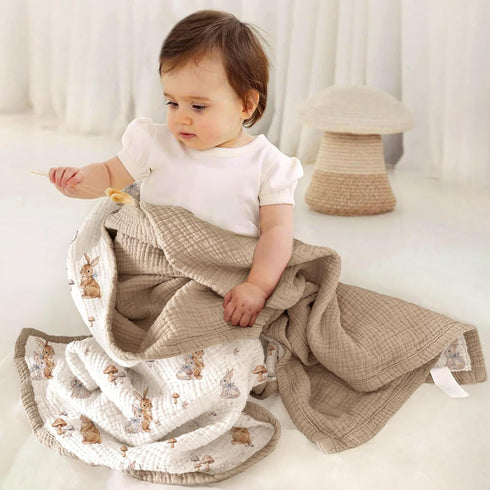 4-Layer 47"x47" lulumoon Muslin Baby Blanket Neutral: Soft Cotton Toddler Blanket for Daycare with Bunny- Ideal