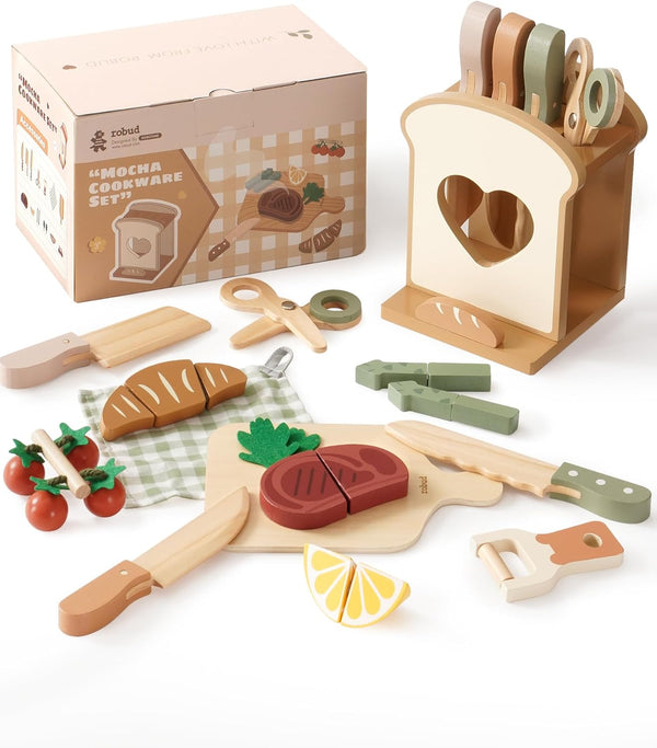ROBUD 16pcs Kids Play Kitchen Knife Set - Wooden Cooking Playset, Montessori-Inspired