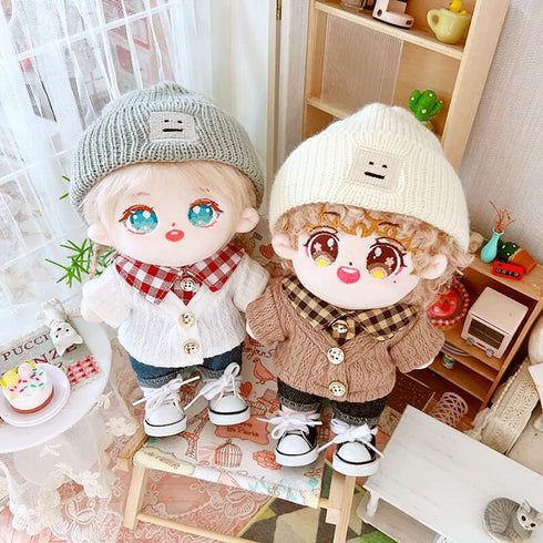 niannyyhouse 7.8in/20cm Plush Doll Clothes, Hat, Button Sweater & Denim Flanging Jeans Dressup