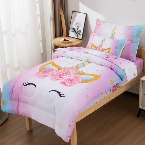 Girls,5 3D Set 2 Pillowcases,1 Sheet,1 42" 57") JQinHome Toddler Comforter for Piece Bed in A Bag Unicorn Theme Bedding