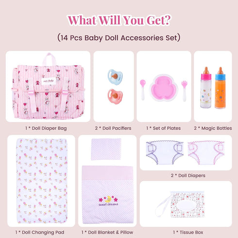 14 Set 12-15 Inch Set BABESIDE Pcs Baby Doll Accessories for Babydolls - Baby Doll Diaper Bag with Dolls Bedding