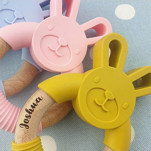 Personalized Wooden Bunny Silicone Teething Ring, Custom Engraved Bunny Silicone Teether with Name Teething Toys