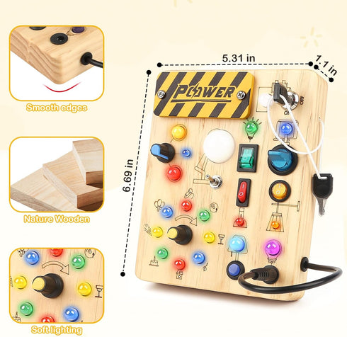 1-3,Montessori 1 2 3 LED Busy Board for Toddlers Sensory Toy with Key Switch and Plug, Light Up Wood Activity Switch