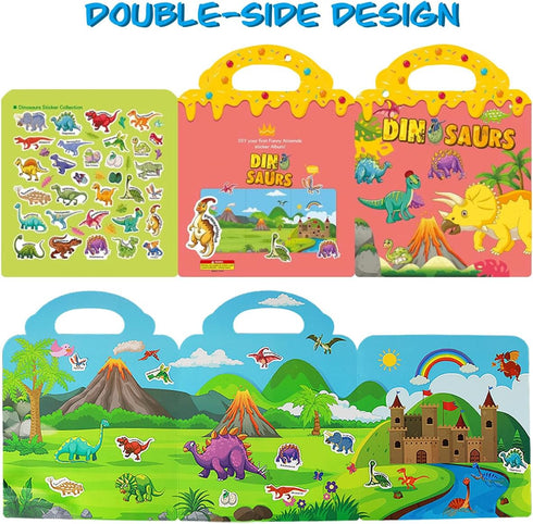 Reusable Sticker Books for Kids, Travel Dinosaur Sticker Books for 3-5 Year Olds, Educational Gifts for Boys & Girls