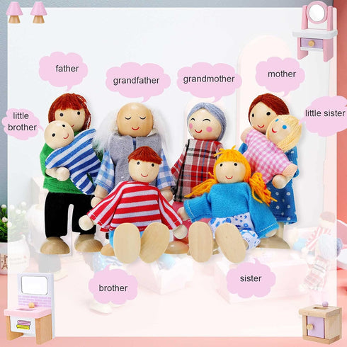 Sumind 30 Pcs Wooden Dollhouse Furniture Family Set - 8 Mini People Figures Dollhouse Accessories for Imaginative Play
