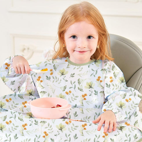 CoolaPeach 2-Pack 1 3 Long Sleeve Baby Bib,Coverall Baby Bibs for Eating,Waterproof,Attaches to Highchair&Table,Ages
