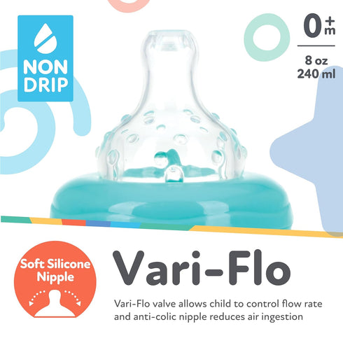 (3-Pack) 8 Oz 0+ Nuby Wide Neck Non-Drip Bottle - Baby Bottles with Anti-Colic Vari-Flo Valve - - Months - Aqua, Pink