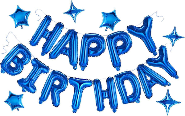 Blue Happy Birthday Balloons Banner, Mylar 3D Foil Letter Banners & 6 Star Balloons, 3-in-1 Party Decorations for Kids