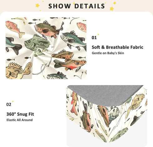 KICPOAY 52x28 Vintage Bass Fishes Toddler Bed Crib Sheets Baby Crib Sheets Cover for Soft Mini Crib Mattress