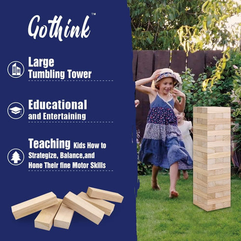 GOTHINK Giant Tumble Tower Game, Large 54pcs Wooden Blocks for Outside Yard Games, Timber Stacking Game Night Toy Gift