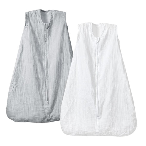 PHF 100% Muslin Cotton Baby Sleep Sacks, 0-6 Months with 2-Way Zipper, 2 Pack Cooling Unisex 0.5 TOG, White & Grey