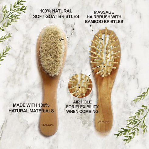 6-in-1 Set, Baby Grooming Natural Wooden Hairbrush and Comb, Nail Clippers,Nail Scissors, Nail File and Tweezers