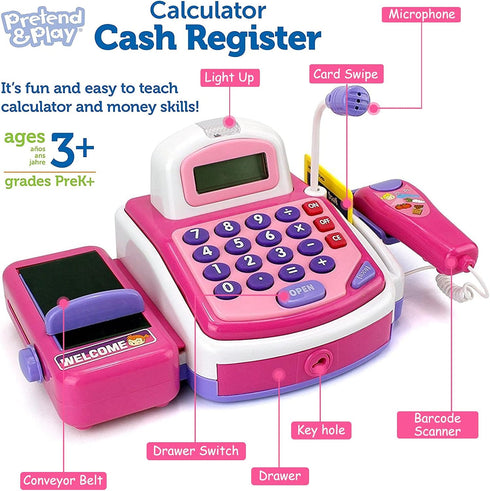 Pretend Play Pink Cash Register Toy - Learn & Play Shopping Kids Toys with Electronic Mic, Scanner, Calculator, Play