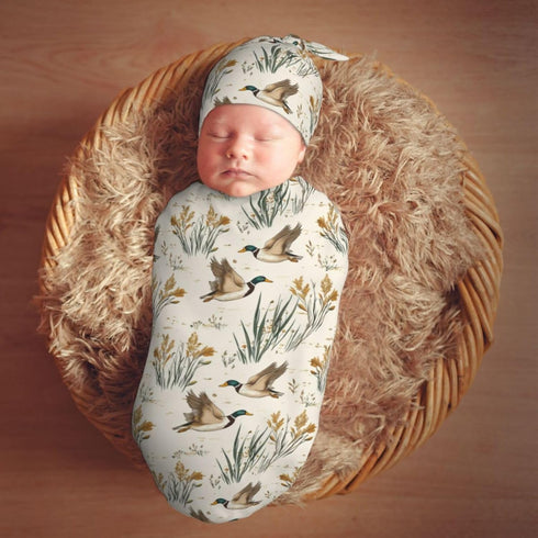 Sets Vintage Mallard Ducks Flying Newborn Swaddle Blankets Hat Soft Baby Receiving Blanket Swaddle Sack for Baby Shower