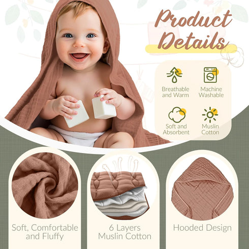 VitalCozy 12 (32 32 Inch,Earthy Pcs Baby Muslin Hooded Bath Towels and Washcloths Muslin Cotton Hooded Baby Towels