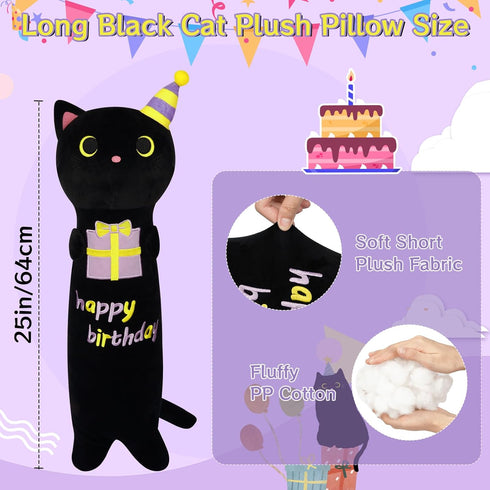 Long Cat Plush Pillow, 24inch Cute Birthday Plush Black Cat Plush, Birthday Stuffed Animal,Long Cat Plushie Soft Cat Hugging Pillow for Kids, Boys and Girls Birthday Gift