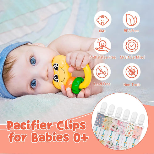 6 Pack 6PS21 babygoal Floral Pacifier Clips, Binky Paci Holder Clips Leashes Fits for Most Baby Pacifiers and Binkies
