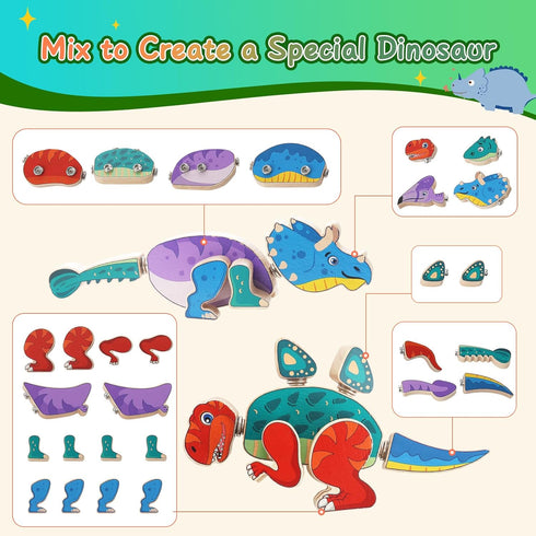 Playset 3 4 5 6 Wooden Dinosaur Blocks, Snap Together Building Toys, Dinosaur Take Apart Toy for Kids, Fine Motor Skill
