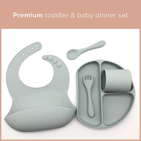 Baby Silicone Feeding Set - (5 Pack) Baby Bib, Suction Divided Plate, Self Feeding Spoon & Fork
