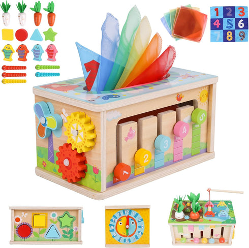 Ancaixin 6-in-1 Montessori Tissue Box Toy for 6+ Months Baby, Wooden Activity