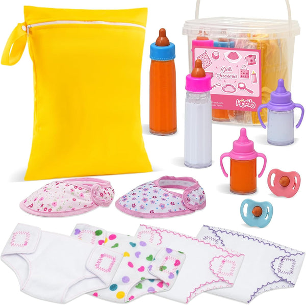13 Pack Baby Doll Accessories, Feeding & Caring Set with Diaper Bag, Bottles, Pacifiers & Diapers