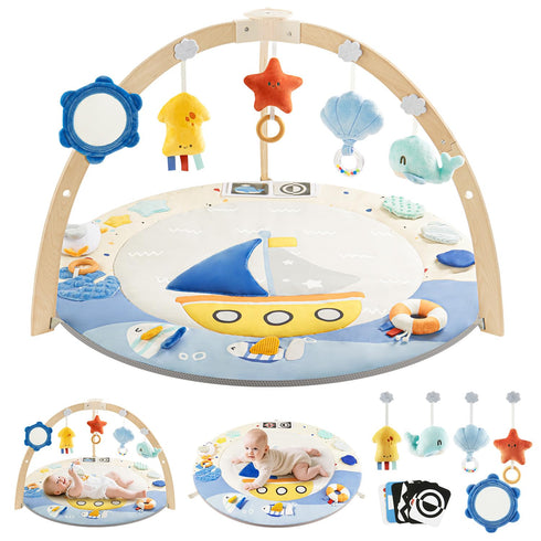 BG-BABYGO Baby Play Gym Activity Mat, 5 Developmental Zones Wooden Tummy Time